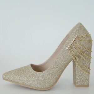Chain & Rhinestone Decor Glitter Chunky Court Pumps